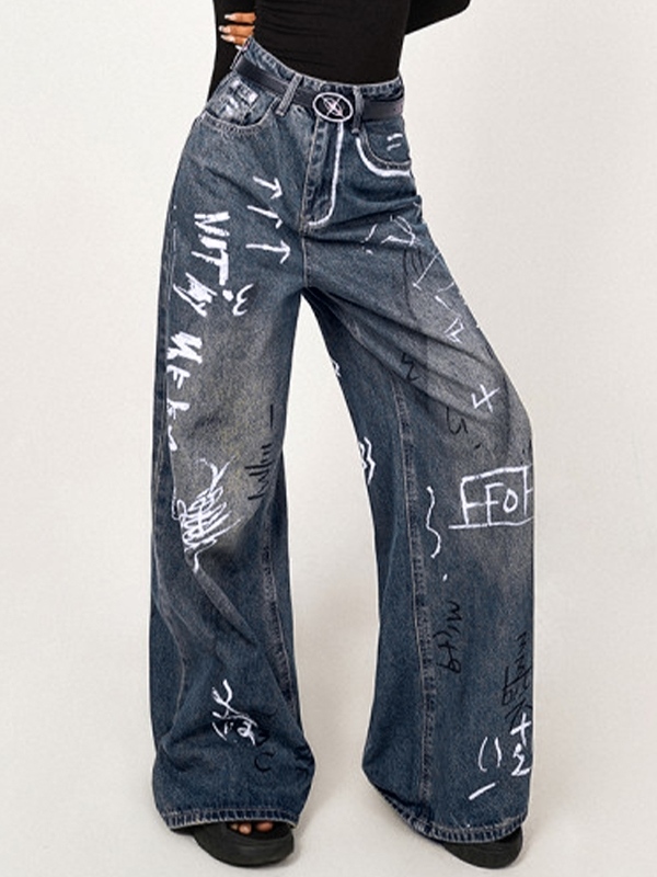 Distressed Random Graffiti Print Boyfriend Jeans-1