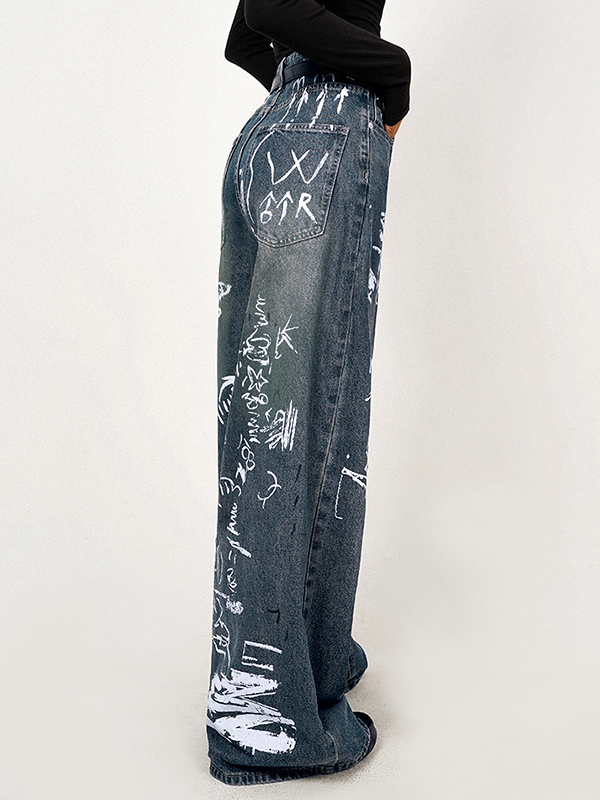 Distressed Random Graffiti Print Boyfriend Jeans-2