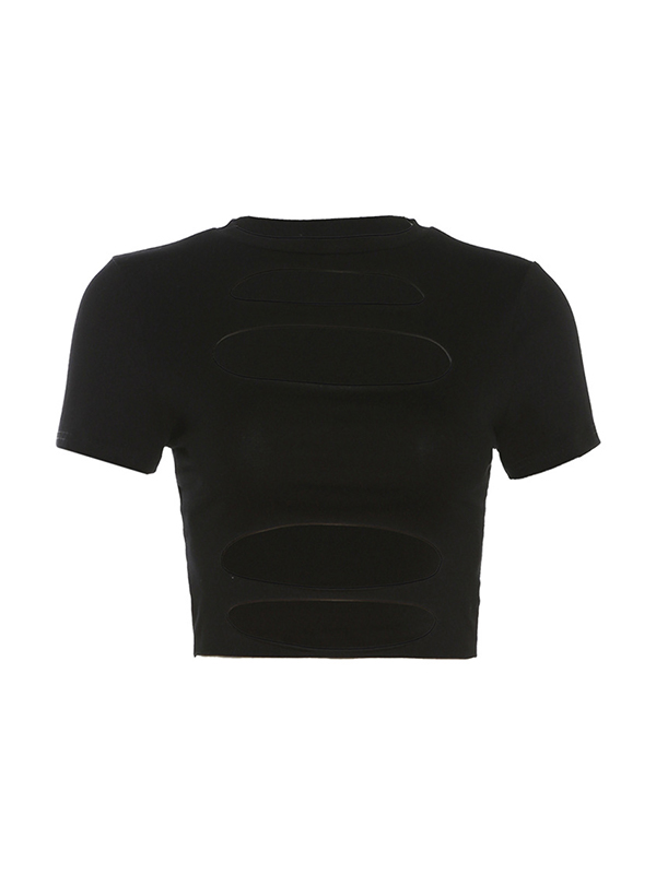Solid Cutout Cropped Short Sleeve Tee-4