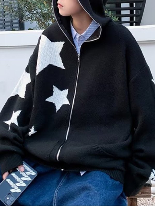 Men's Star Jacquard Zip Up Hooded Cardigan-2