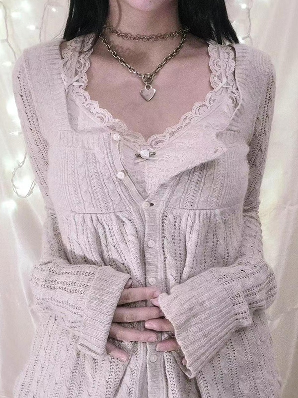 Solid Pointelle Square Neck Knit Cardigan-1